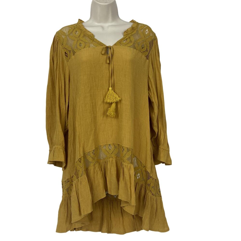 Cato Tunic Top XL Mustard Yellow Crochet Lace Hi Low Ruffle Tassel Boho‎ Prairie